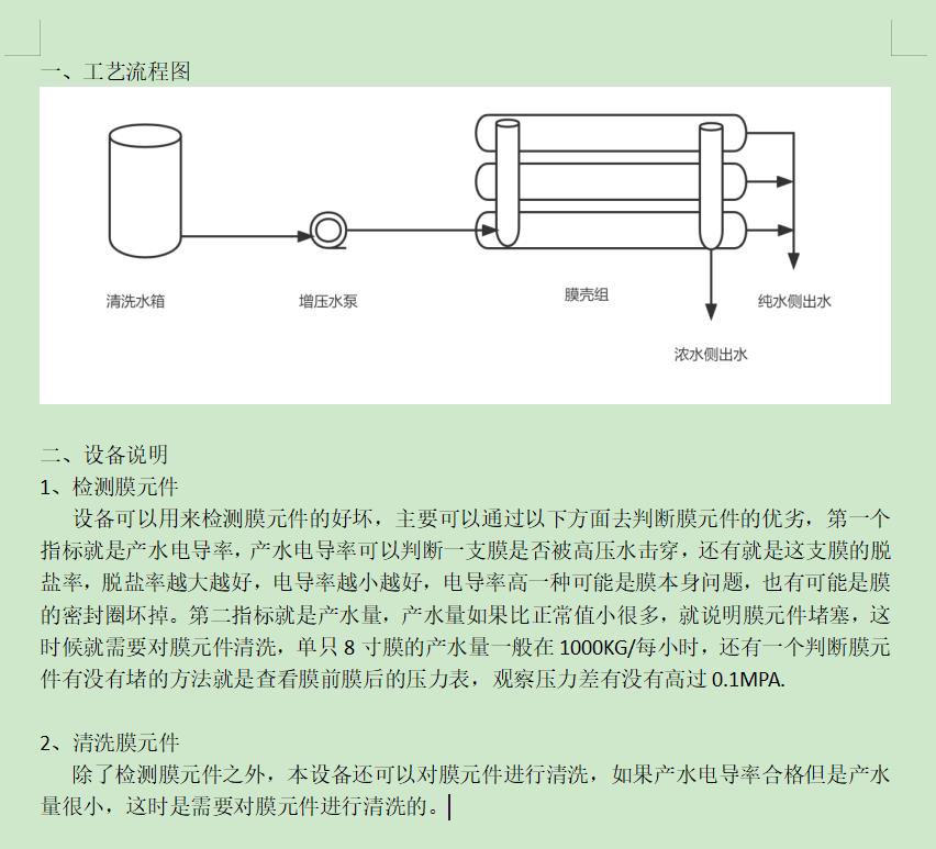 承德ro洗膜机工艺流程图及工艺说明